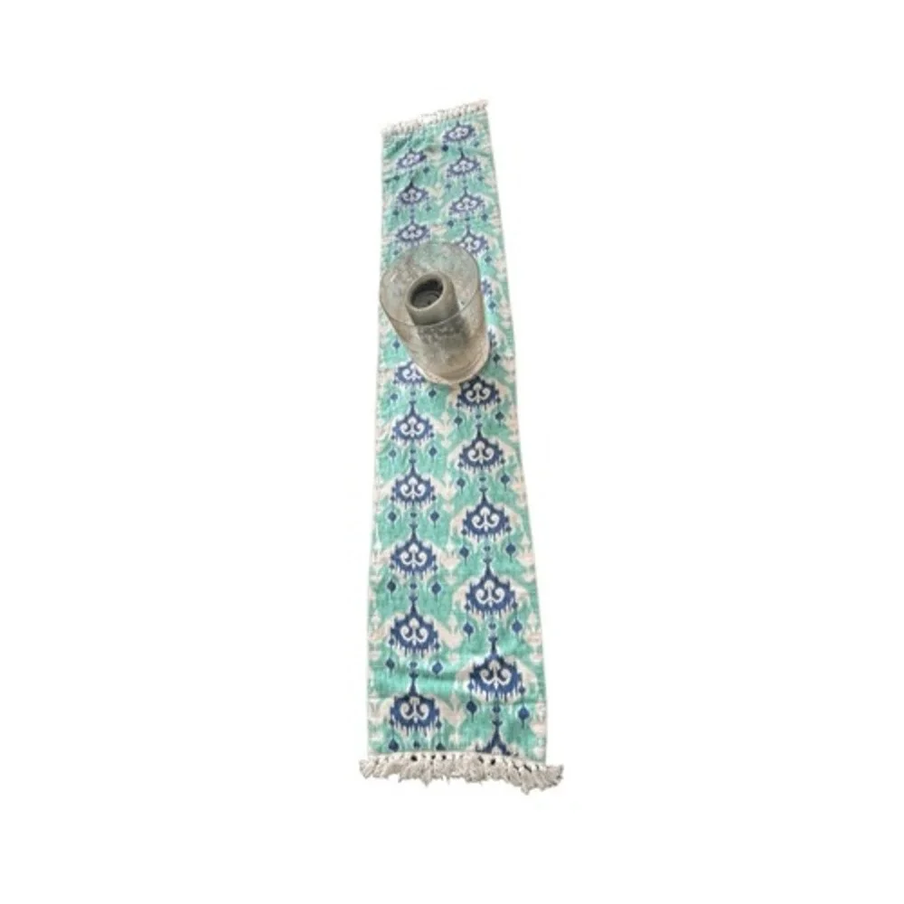 100% Cotton Ikat Table Runner Home 63x13 Turquoise Blue Good Tassel Fringe Boho